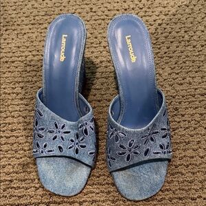 Larroude Denim Blue Embroidered Slide Mules
